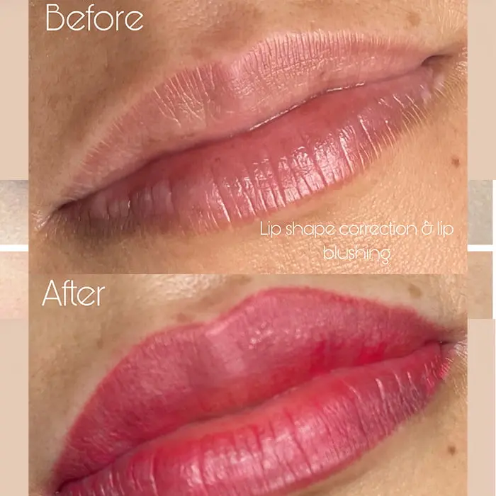 Lip shape correction with blushing effect